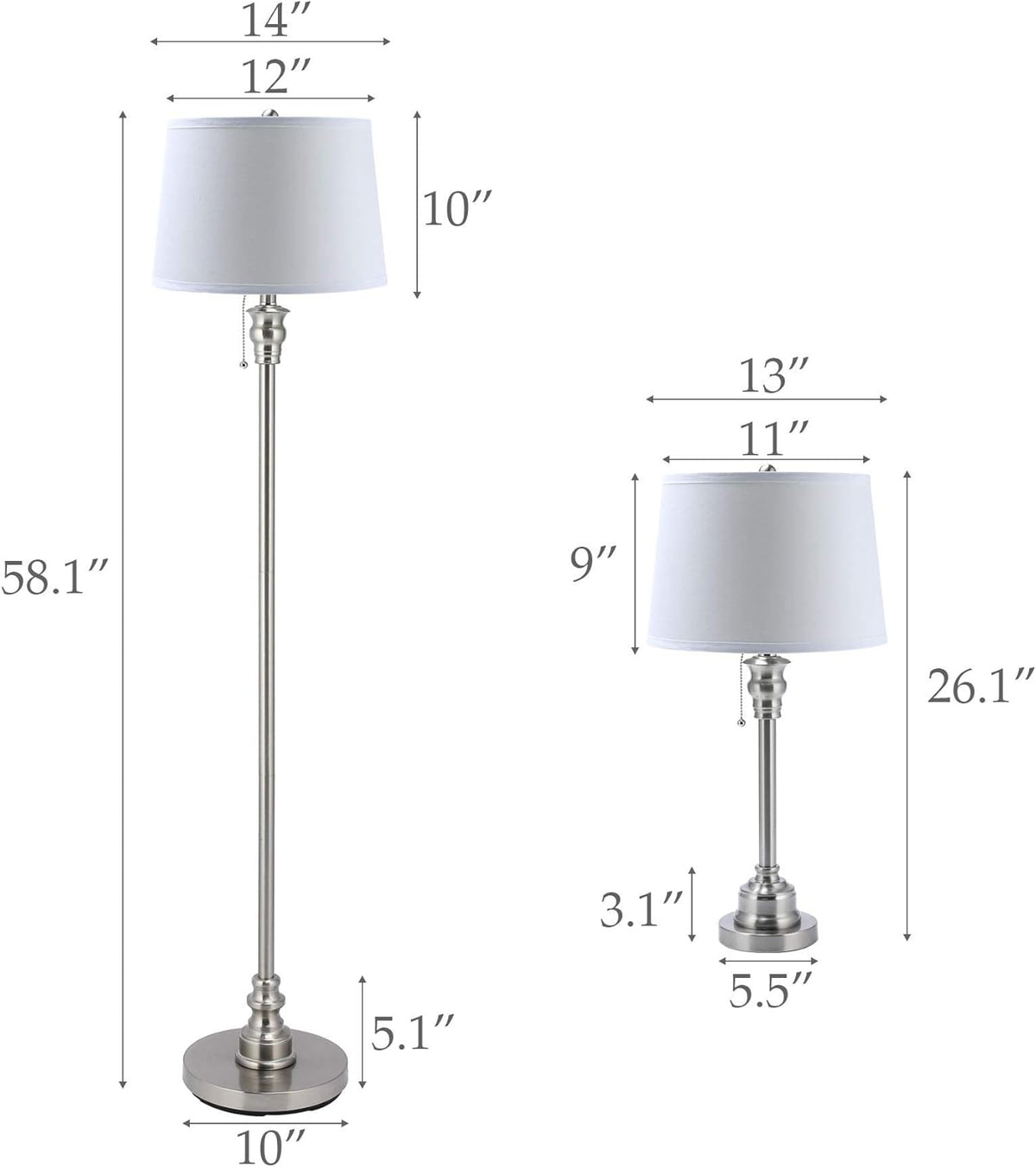 3 Lamp Set with White Fabric Shade Table and Floor Lamp Steel Finish N227956