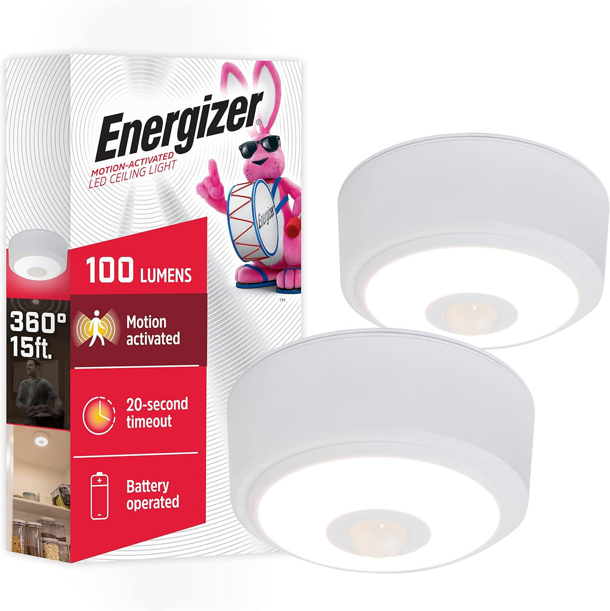 Motion Activated LED Ceiling Light, 2 Pack, Battery Operated, 100 Lumens, Wireless W983