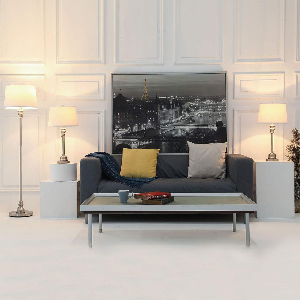 3 Lamp Set with White Fabric Shade Table and Floor Lamp Steel Finish N227956