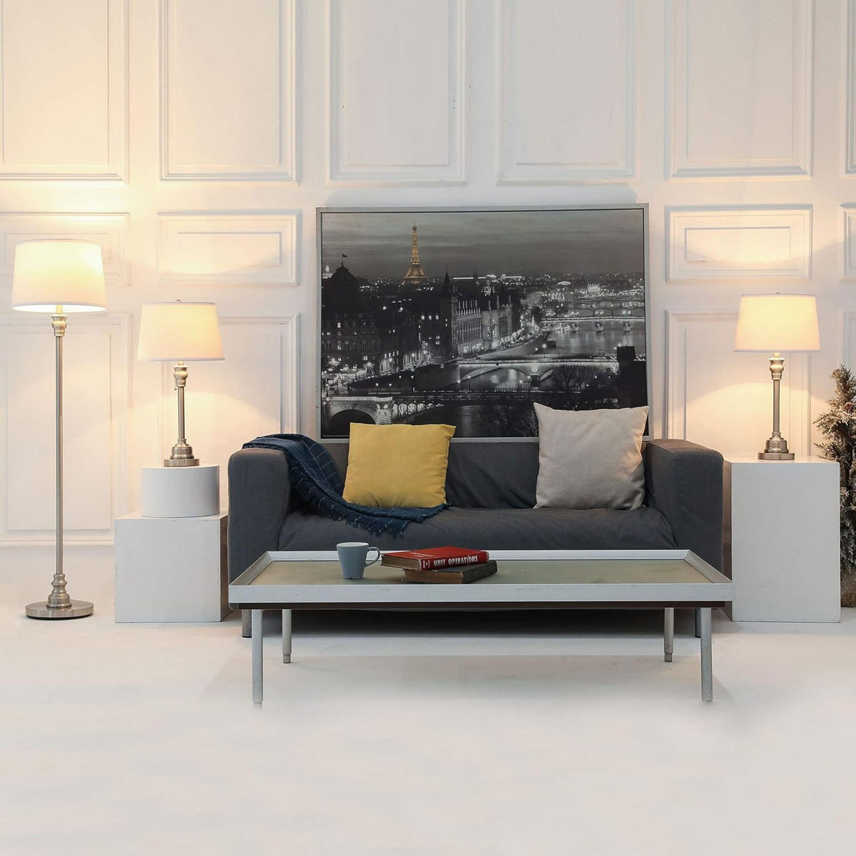 3 Lamp Set with White Fabric Shade Table and Floor Lamp Steel Finish N227956
