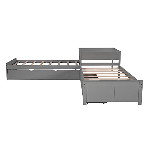 Grey Wood L-Shaped Corner Platform Beds with Trundle, Double Twin Size Beds with 2 Drawers G891458