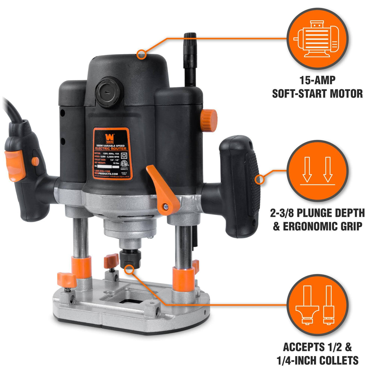 Variable Speed Plunge Woodworking Router Kit with Carrying Case & Edge Guide N94529