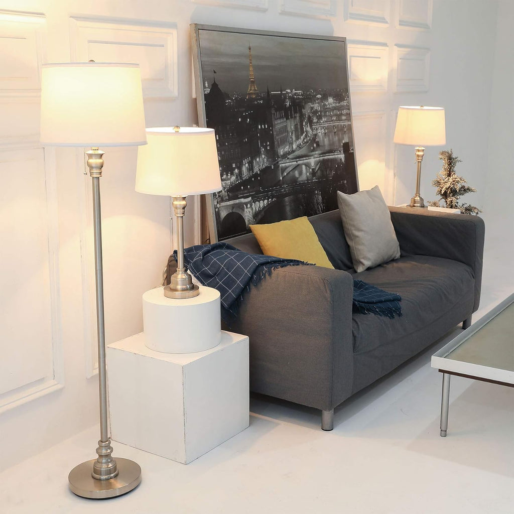 3 Lamp Set with White Fabric Shade Table and Floor Lamp Steel Finish N227956