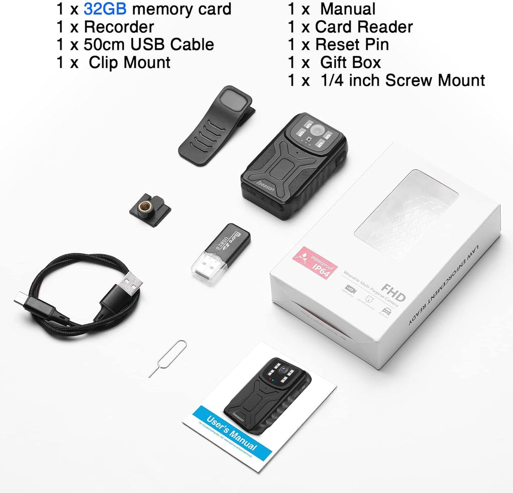 32G Memory Body Worn Camera with Night Vision, Pack of 2 V83885