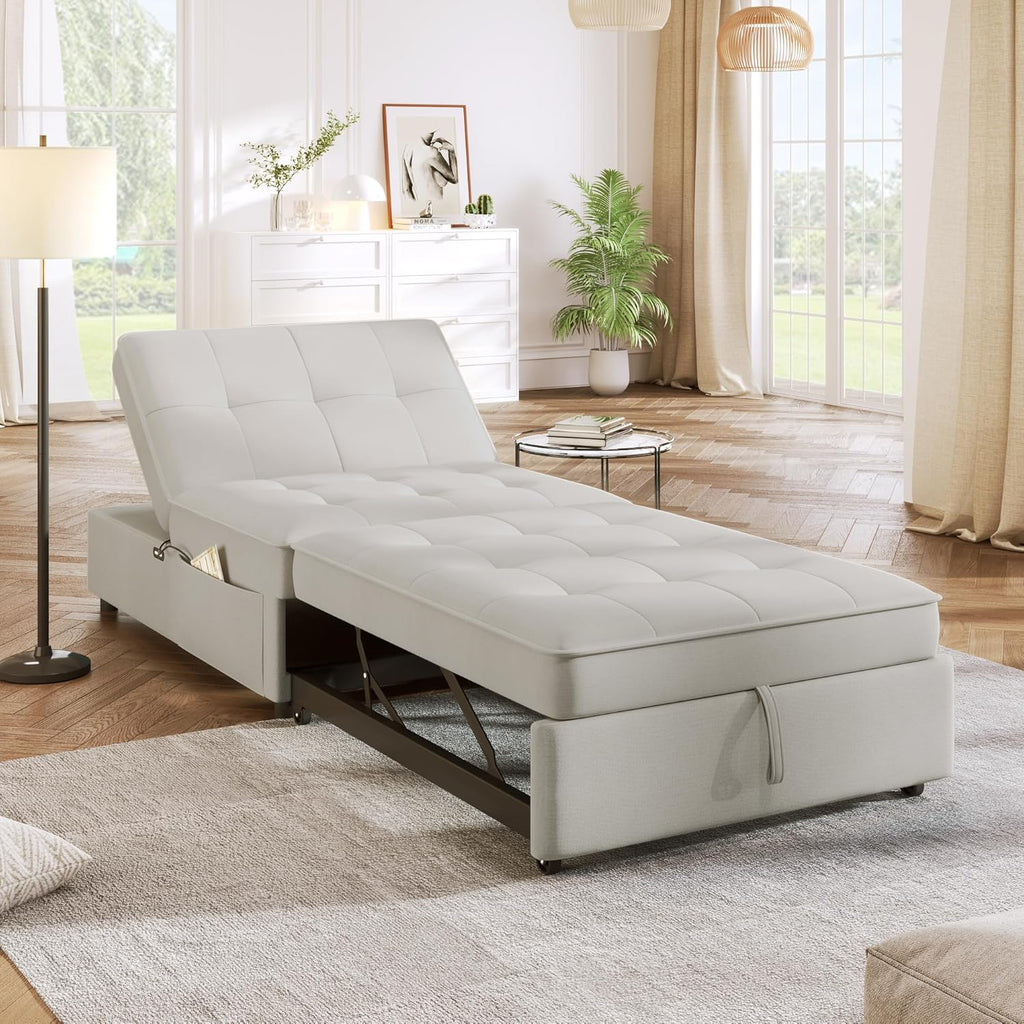 White 4-in-1 Folding Ottoman Bed with Storage Pocket and USB Port K2033