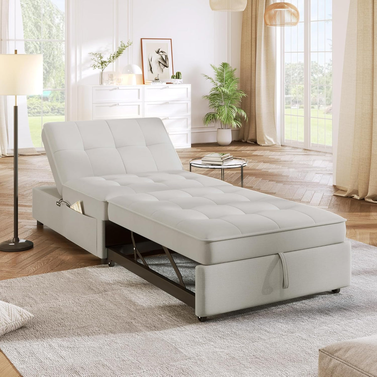 White 4-in-1 Folding Ottoman Bed with Storage Pocket and USB Port K2033