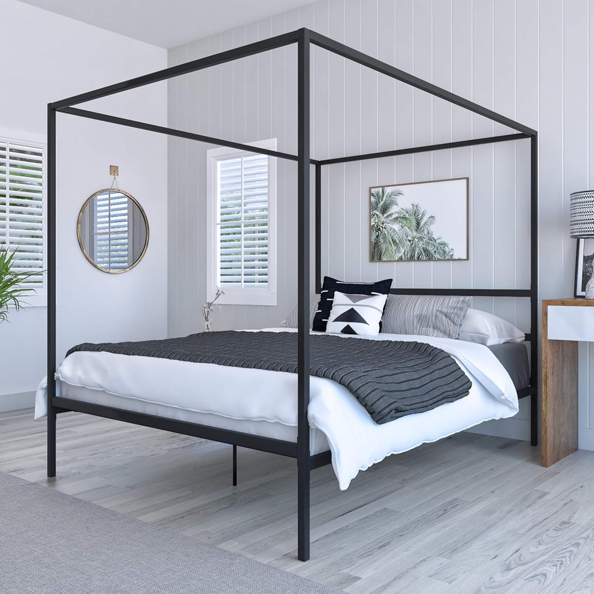 Queen Size Gold Metal Canopy Platform Bed Frame with Wooden Slats A722