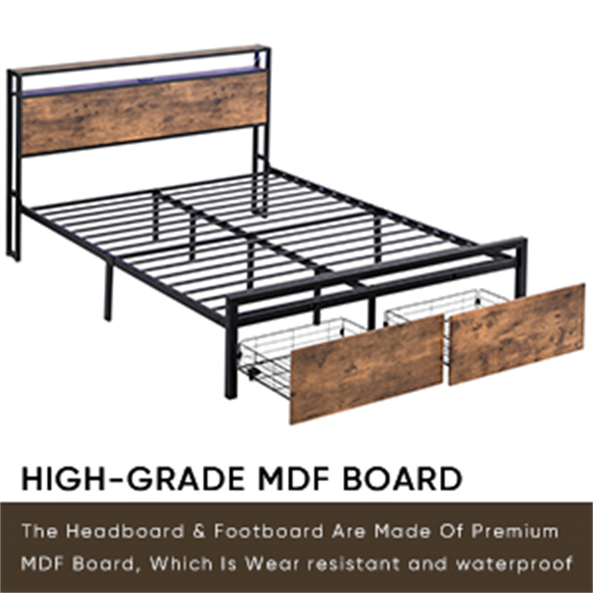 Queen Size Metal Bed Frame with Storage Headboard and 2 Drawers F837