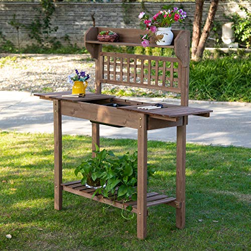 Brown Wooden Potting Bench Table with Sliding Tabletop and Storage Shelf R393