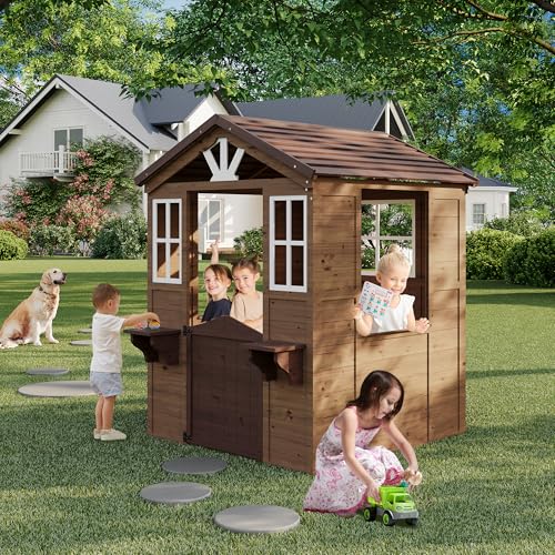 Cedar Wooden Kids Playhouse with Play Kitchen and Vinyl Roof U9617