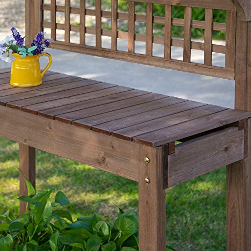 Brown Wooden Potting Bench Table with Sliding Tabletop and Storage Shelf R393