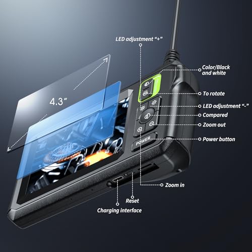 Endoscope Camera with 4.3" IPS Screen, 1920P HD, 16.4FT Semi-Rigid Cord, IP67 Waterproof (Orange) P346