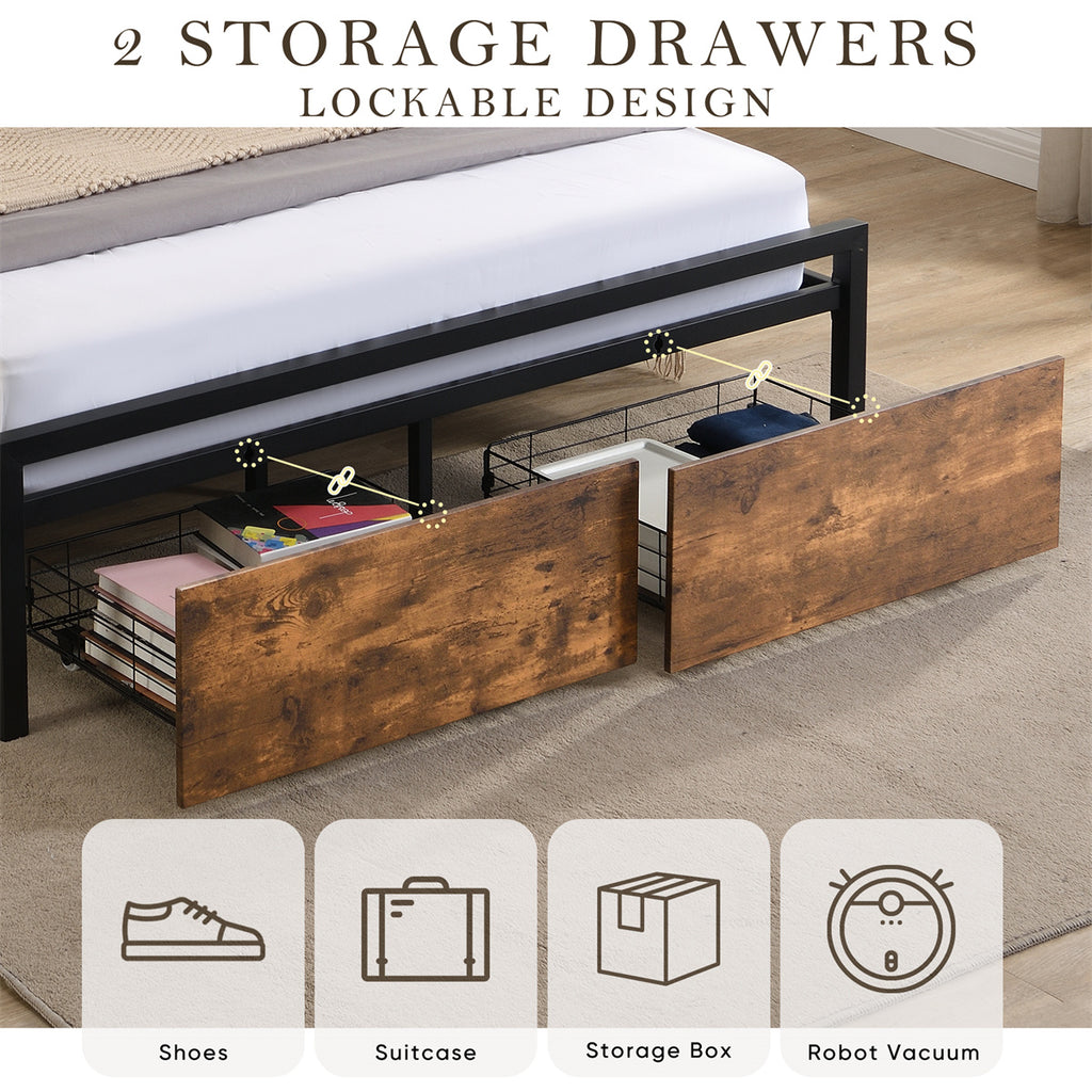 Queen Size Metal Bed Frame with Storage Headboard and 2 Drawers F837
