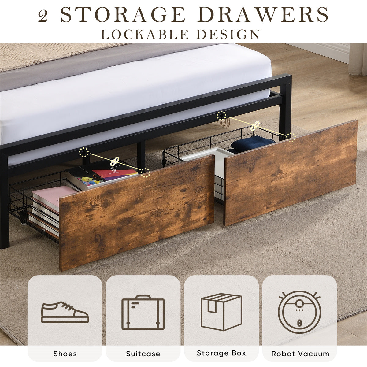 Queen Size Metal Bed Frame with Storage Headboard and 2 Drawers F837