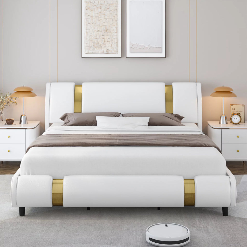 Full Size Leather Upholstered Platform Bed Frame with White Headboard S5649