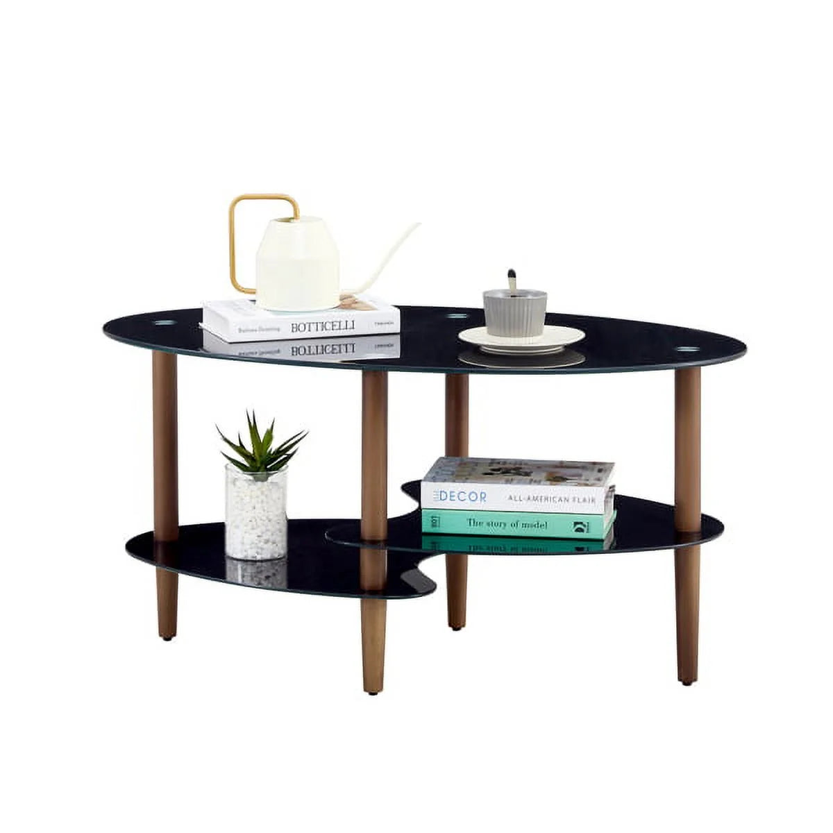 Black Oval Glass Coffee Table with Oak Wood Legs D660