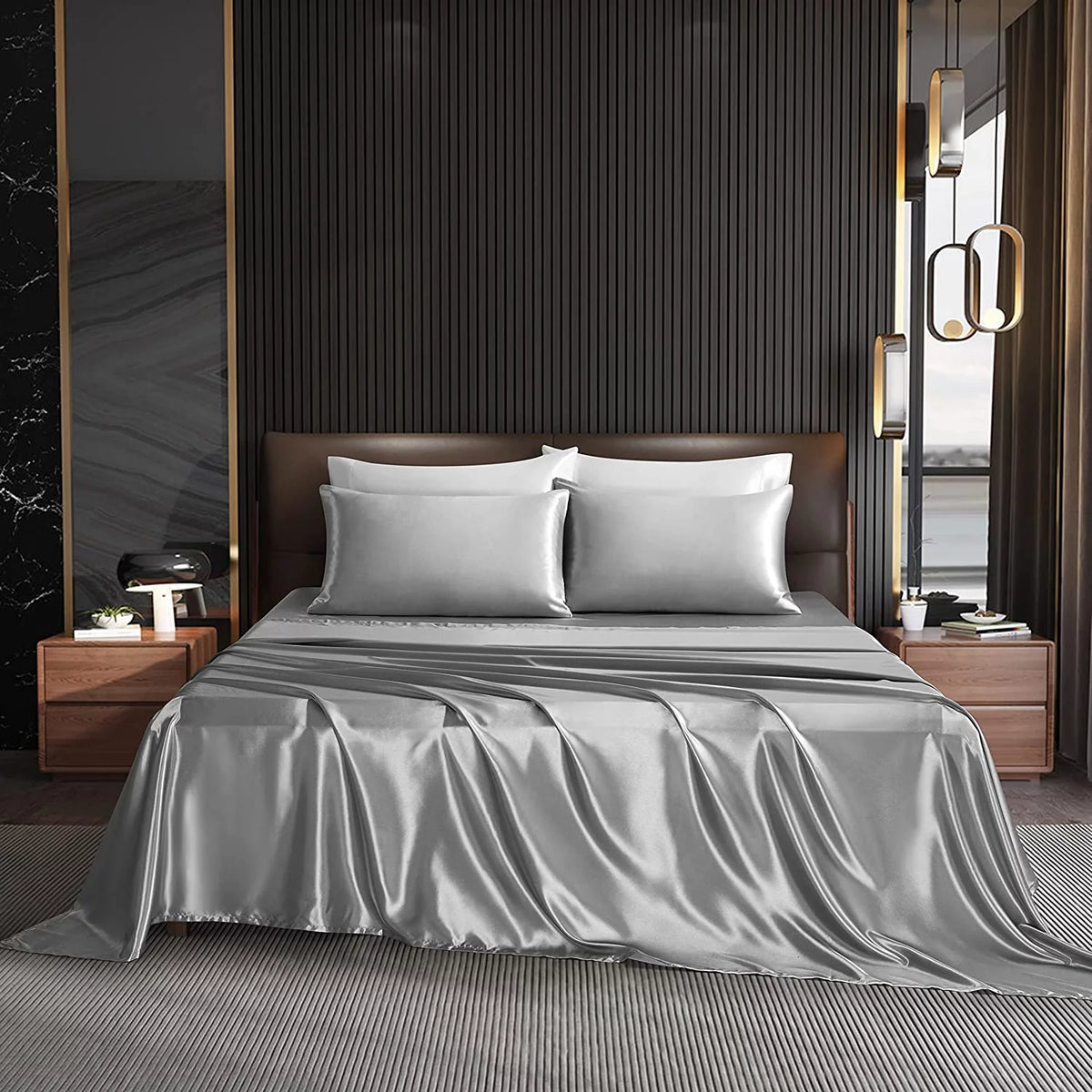Microfiber Satin Gray 4 Piece Full Size Bed Sheets E899