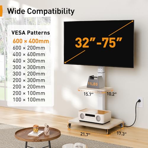 White Tilt & Swivel Rolling TV Stand with Power Outlet U39433