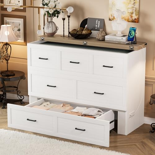 Queen Size White Foldable Murphy Bed with Charging Station T698