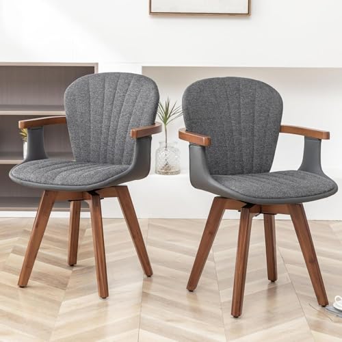 Set of 2 Gray Fabric Faux Leather Dining Chairs with Arms M202