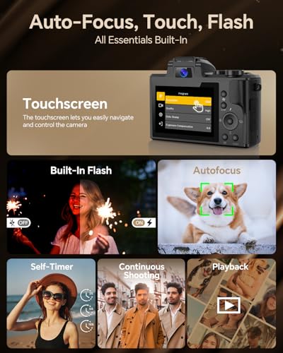 8K Digital Camera with Front and Rear Lens, Flash, Touch Screen, 64GB Card, 2 Batteries J394