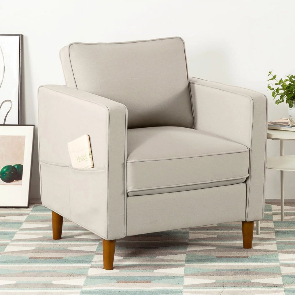Sand Gray Beige Fabric Armchair with Armrest Pockets H133044