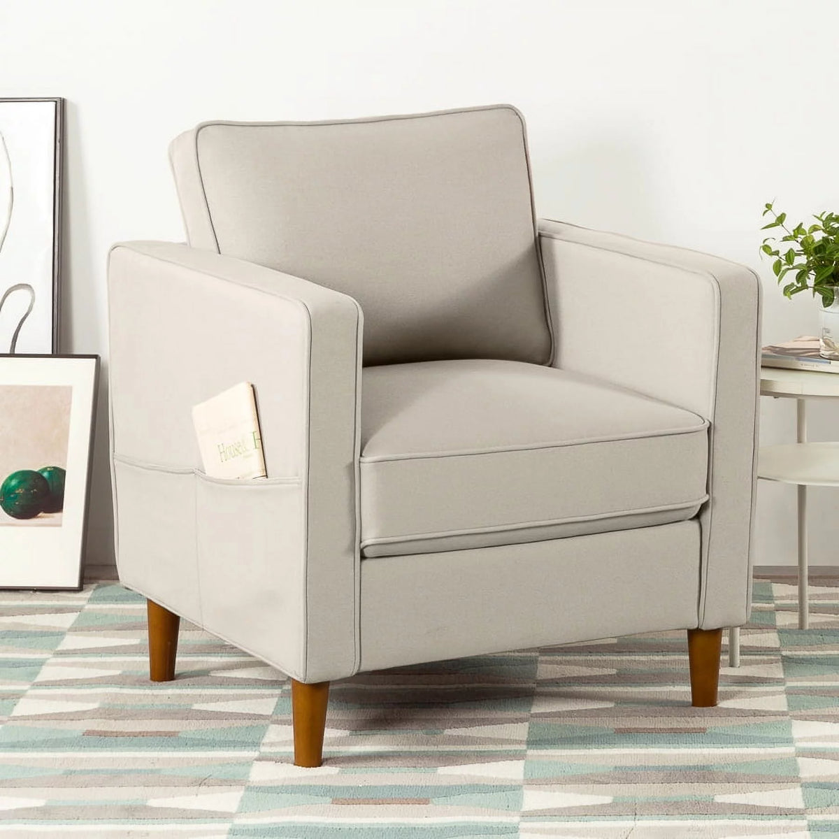 Sand Gray Beige Fabric Armchair with Armrest Pockets H133044