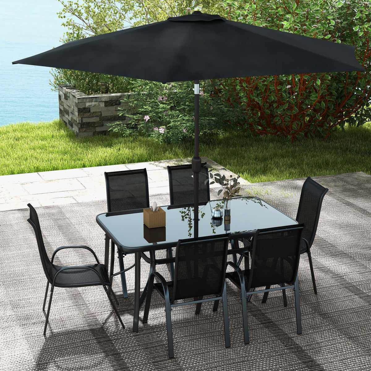 Black Patio Dining Set for Six with Umbrella O6352
