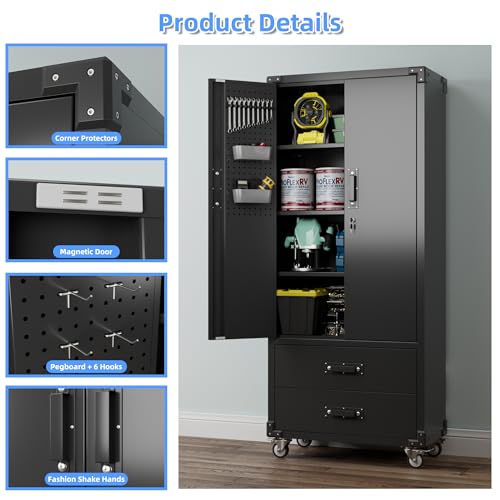 Black Metal Garage Storage Cabinet with Pegboard R363