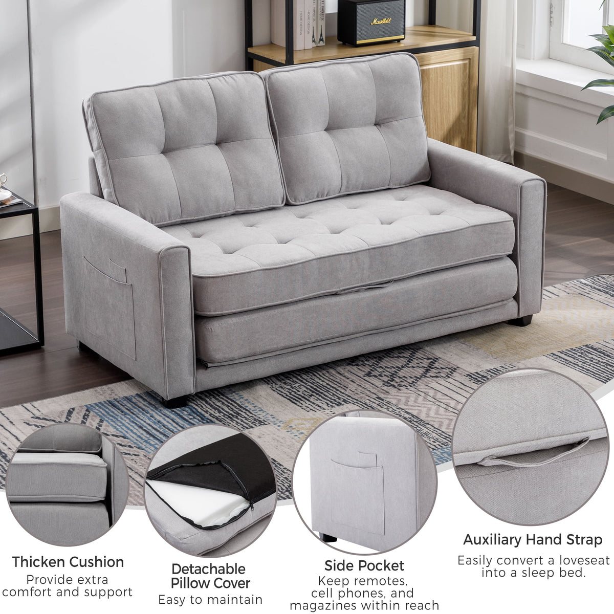Grey Upholstered Loveseat Sofa with Pull-Out Bed U790