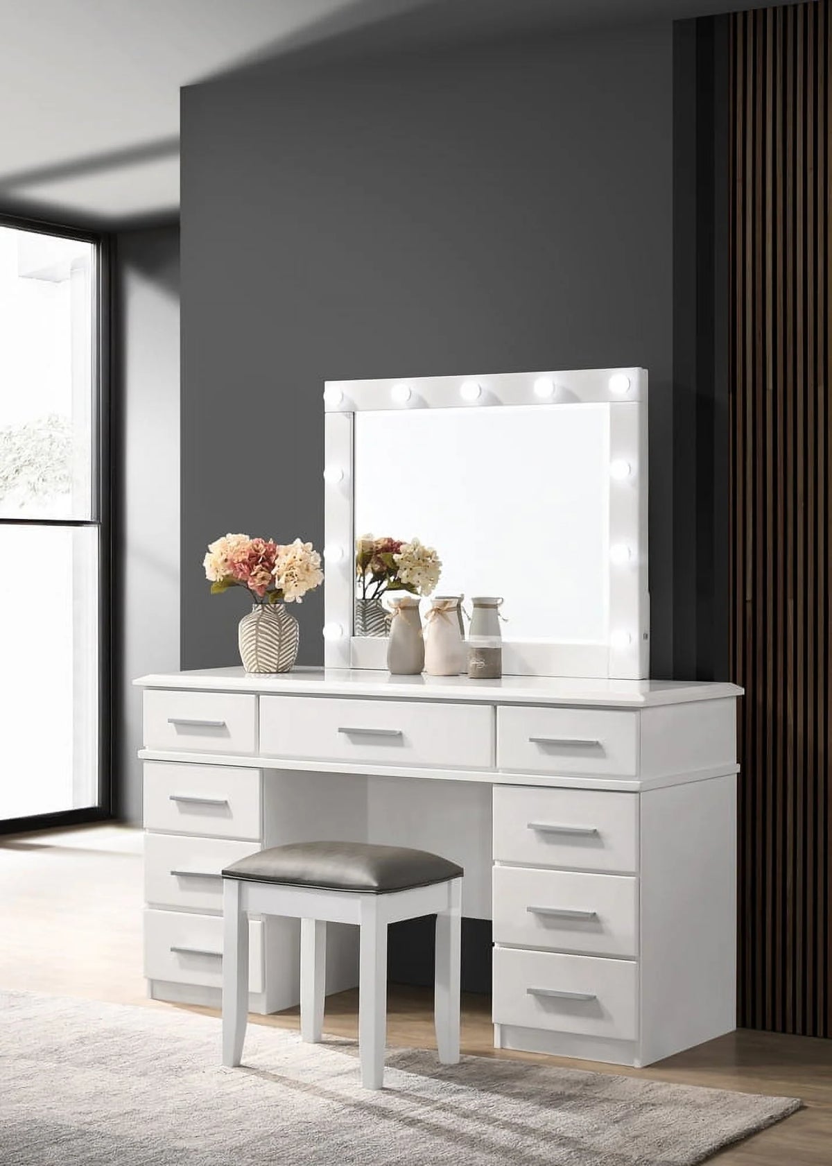 Upholstered Vanity Stool Metallic Glossy White Y140846