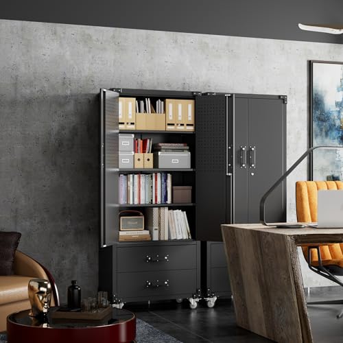 Black Metal Garage Storage Cabinet with Pegboard R363