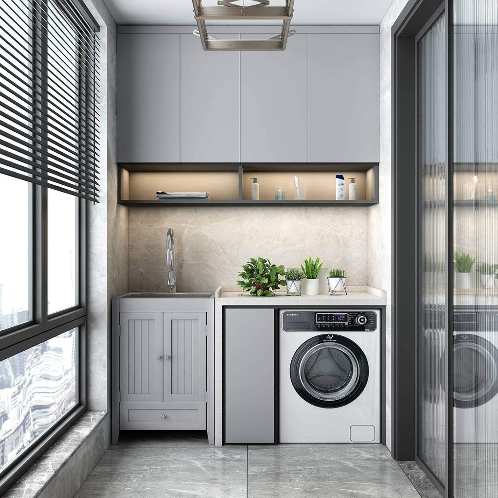 24-Inch Laundry Cabinet with Sink Grey Cabinet with Drawer Stainless Steel Sink Faucet Combo G7709