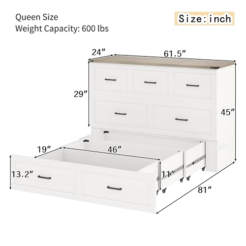 Queen Size White Foldable Murphy Bed with Charging Station T698