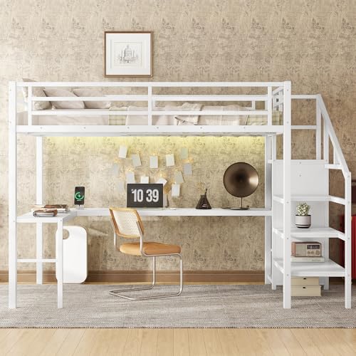 Full Size White Metal Loft Bed with Desk and Storage Stairs H660706