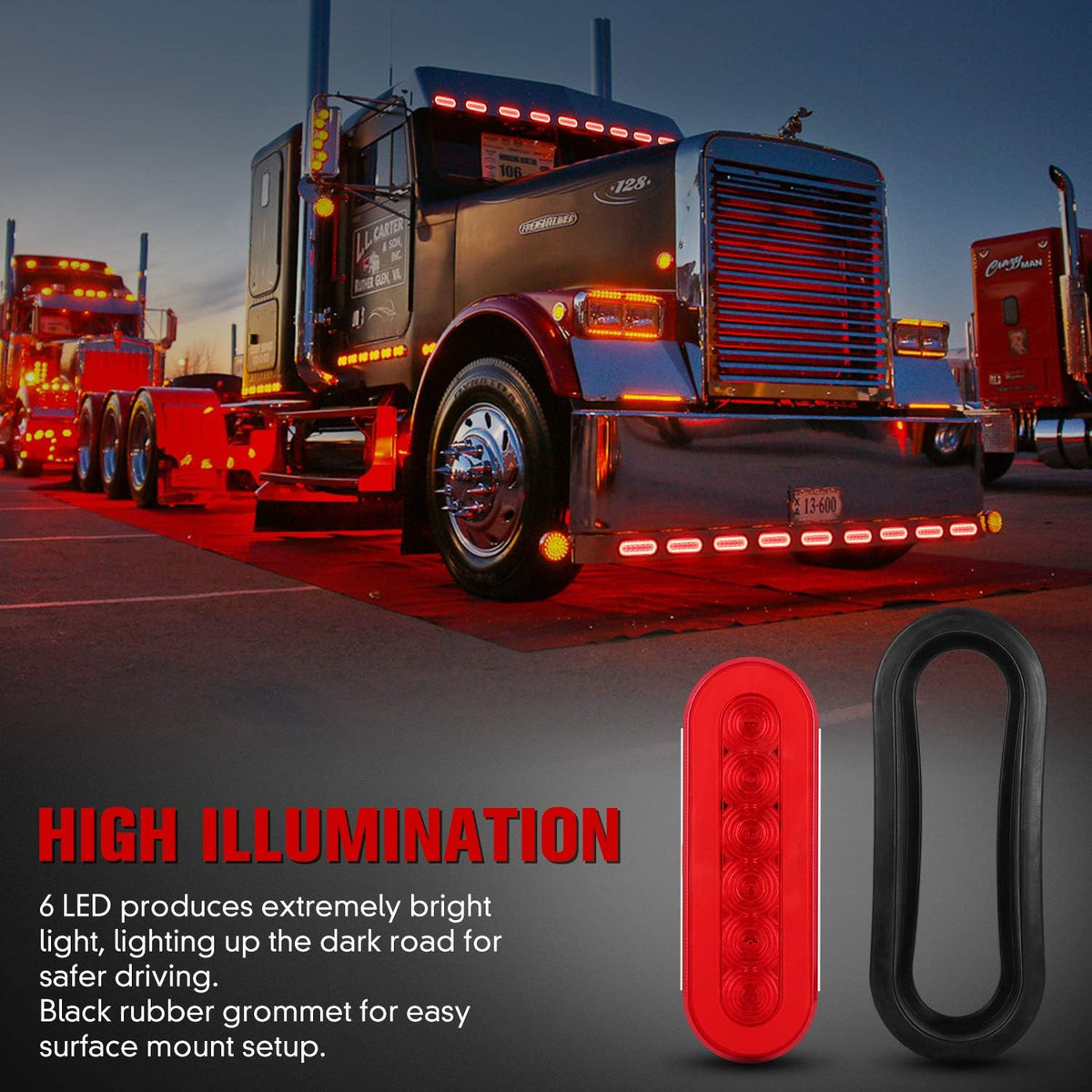 6" Oval Red LED Trailer Tail Lights 4PCS with Surface Mount Grommet C4092