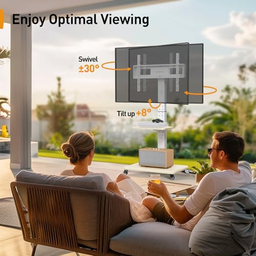 White Tilt & Swivel Rolling TV Stand with Power Outlet U39433