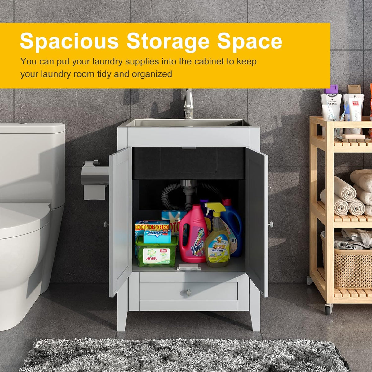 24-Inch Laundry Cabinet with Sink Grey Cabinet with Drawer Stainless Steel Sink Faucet Combo G7709