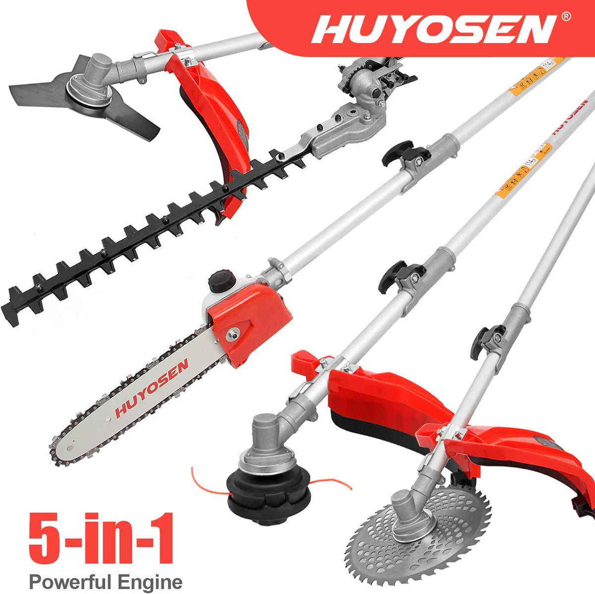 Gas Pole Saw 45CC 2-Cycle 8.2 FT to 11.4 FT Extension 5 in 1 Weeder Eater Hedge Trimmer Chainsaw Brush Cutter 3T Blade B9648