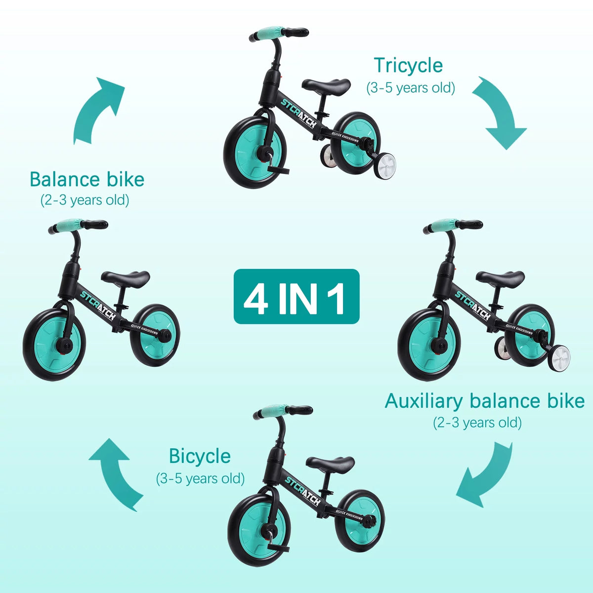 4 in 1 Lightweight Kids Balance Bike with Pedals and Training Wheels K299