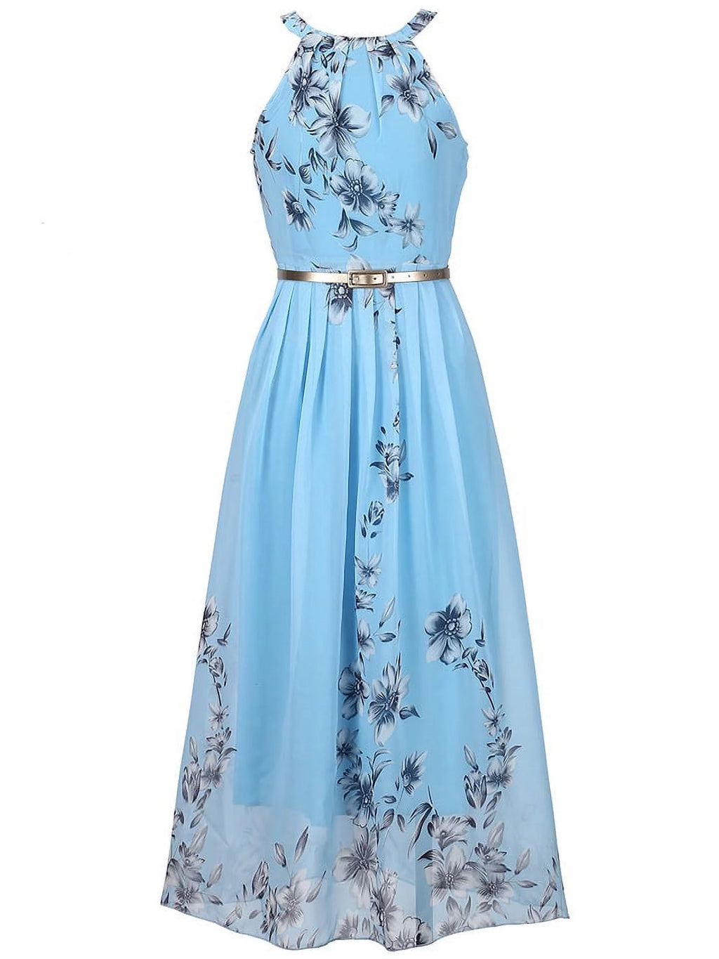 Blue Floral Halter Chiffon Maxi Dress Y108569
