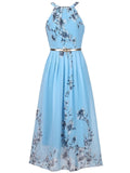 Blue Floral Halter Chiffon Maxi Dress Y108569