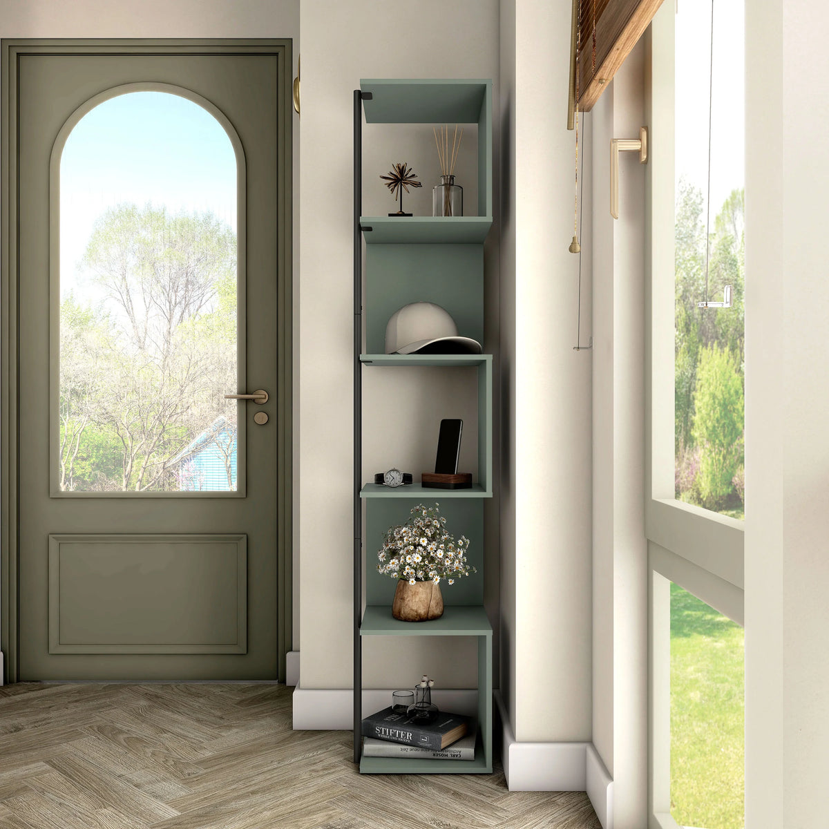 5-Tier Corner Bookcase Sage Green Book Shelf Stand F994