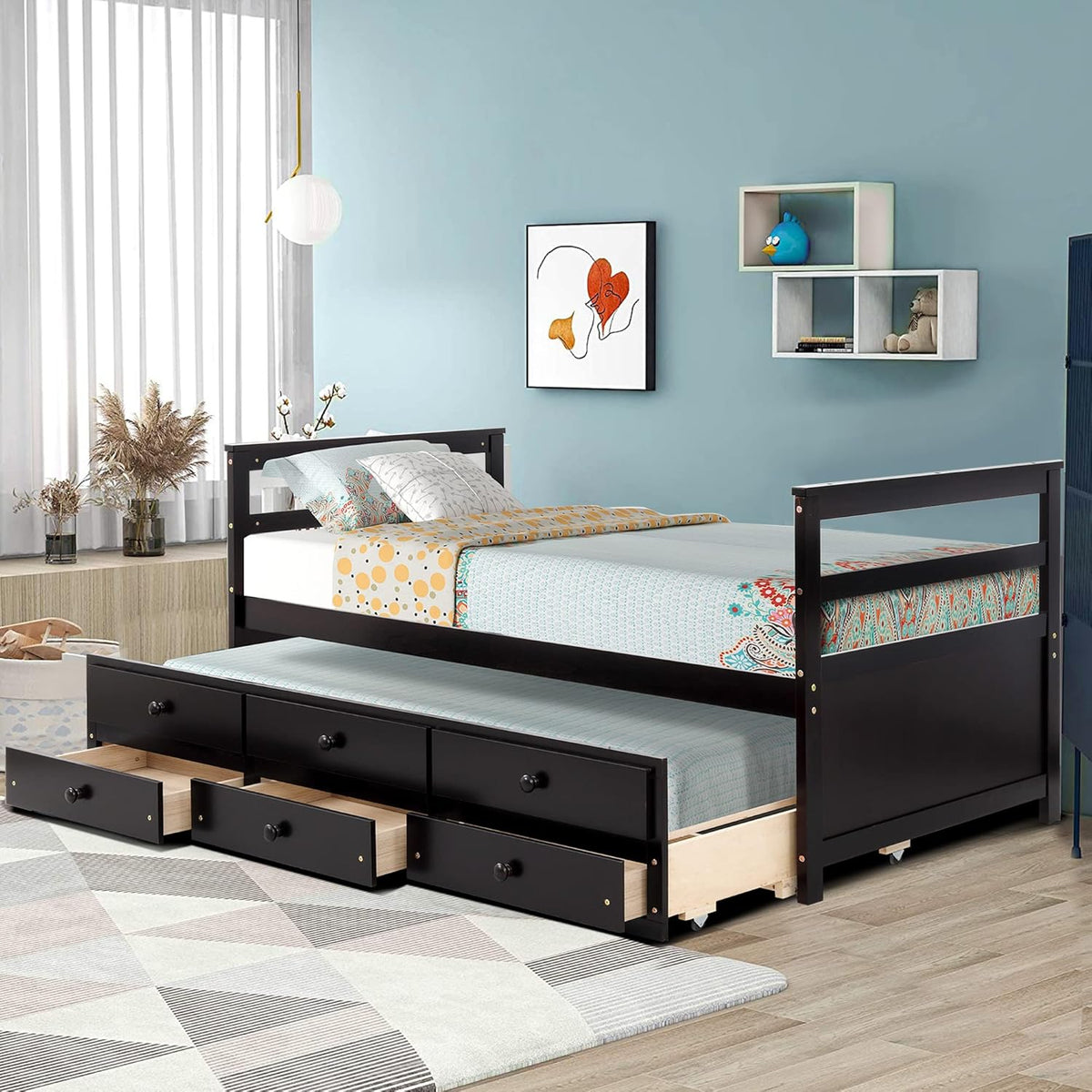White Twin Captain Bed with Trundle and 3 Storage Drawers R236