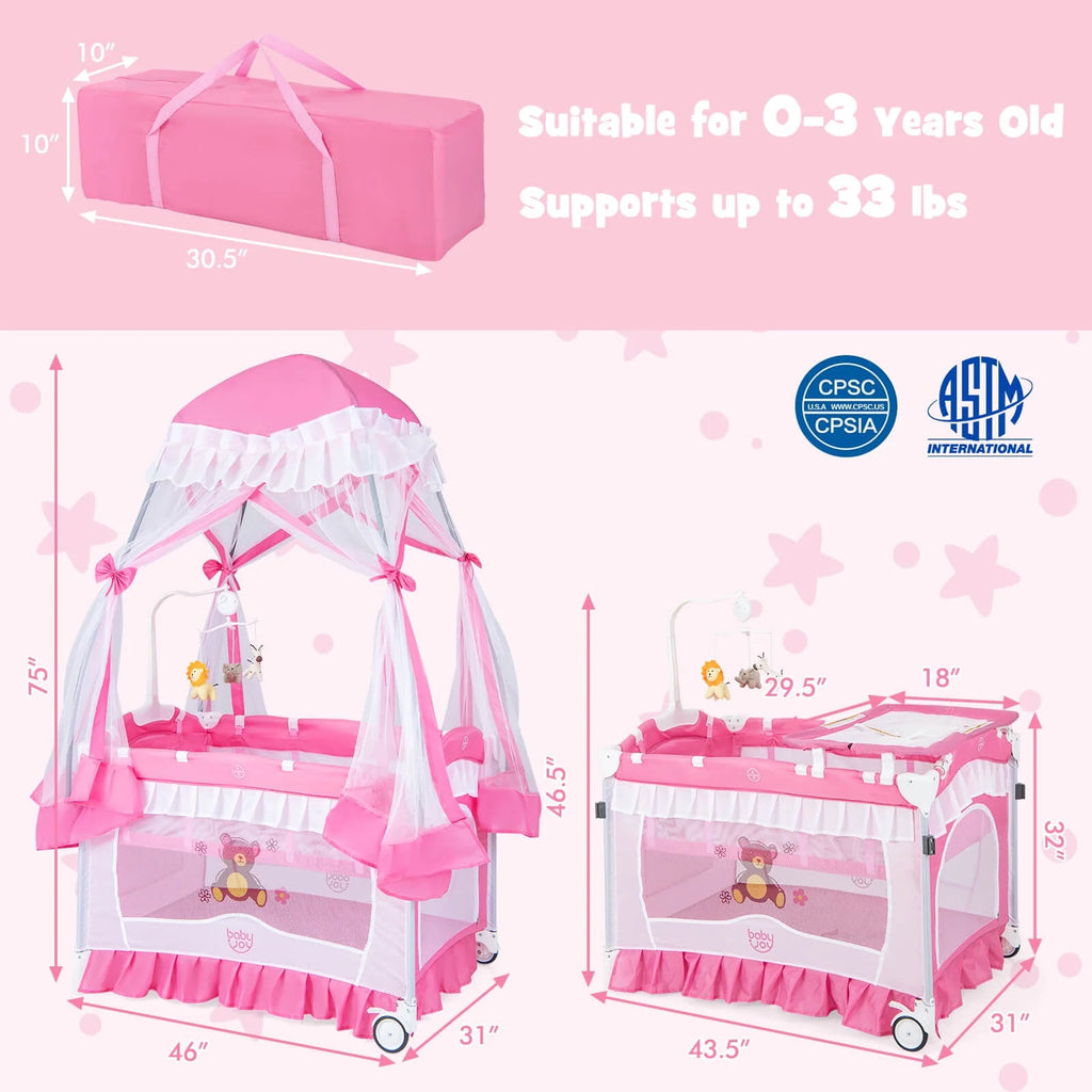Portable 4 in 1 Baby Playard Crib with Changing Table Pink F5499