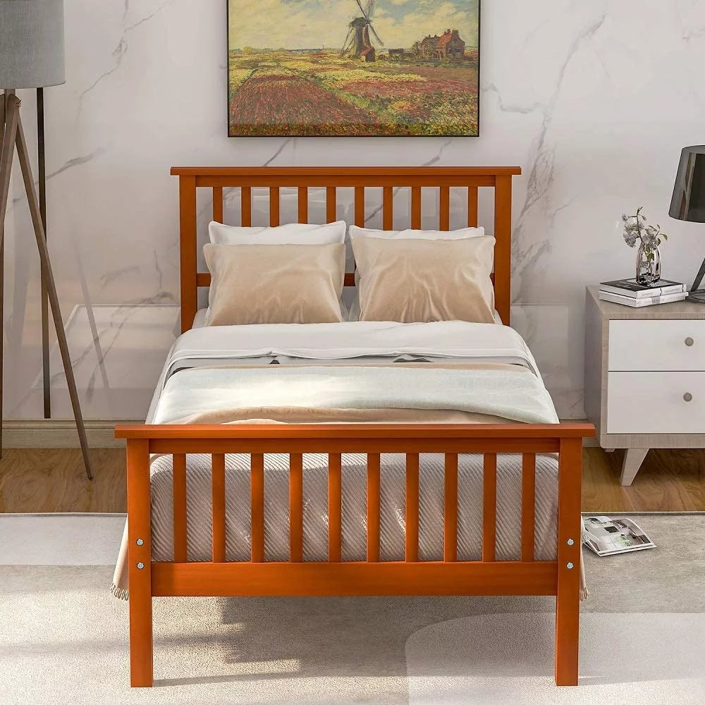 Pine Wood Low Profile Platform Bed, Twin, Oak M66444