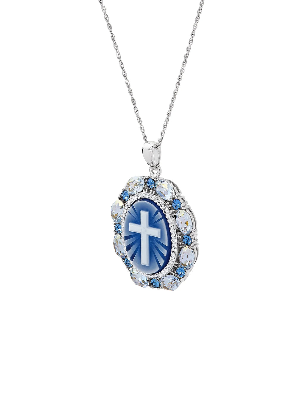 Blue Cross Oval Cameo Crystal Pendant in Sterling Silver, 18'' O907