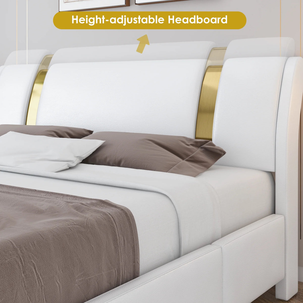 Full Size Leather Upholstered Platform Bed Frame with White Headboard S5649