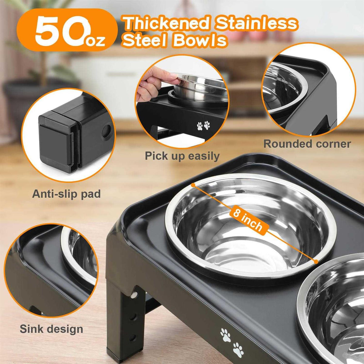 4 Height Adjustable Raised Dog Bowls with 2 Stainless Steel Bowls O951428