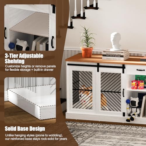 Wooden Double Dog Crate Furniture with Storage Shelves U58594